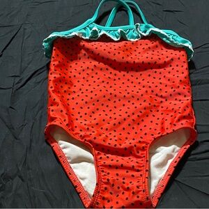 Cat & Jack Red Polka Dot Girls One-Piece Swimsuit with Teal Ruffle